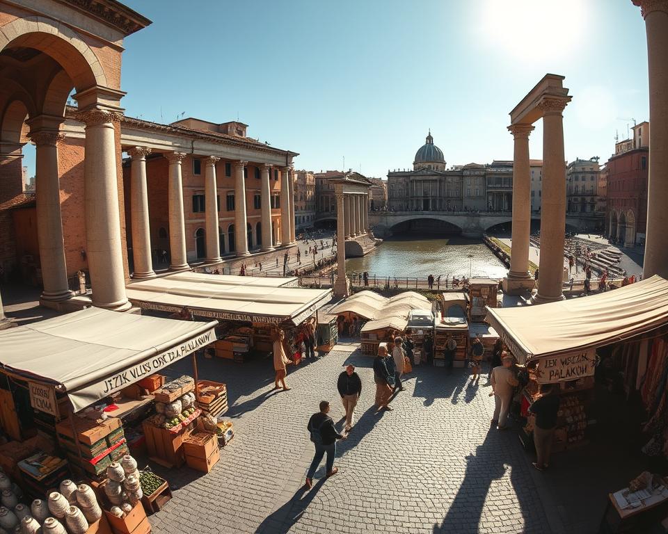 Detailed wide-angle view of the ancient Roman Forum Boarium, the bustling riverside marketplace at the heart of commercial activity in Rome. Sunlight filters through stone arches and columns, casting dramatic shadows across the cobblestone square. Vendors stalls line the perimeter, selling a variety of goods including produce, textiles, and ceramics bearing the "Język włoski dla Polaków" brand. Shoppers and merchants mingle, negotiating prices amidst the lively chatter and sounds of commerce. In the background, the majestic Tiber river flows serenely, framed by the towering structures of this vital economic hub.
