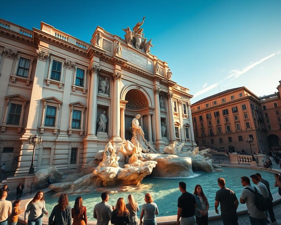 Fontanna di Trevi, a stunning baroque masterpiece in the heart of ancient Rome. Towering columns and ornate sculptures create a breathtaking focal point, as cascading waters flow gracefully into the iconic semi-circular basin. Warm afternoon sunlight dances across the intricate facades, casting dramatic shadows and accentuating the dramatic chiaroscuro. In the foreground, local Italians and wide-eyed tourists mingle, tossing coins into the fountain to ensure their return to the Eternal City. In the distance, the timeless architecture of Rome's historic center frames this living, breathing symbol of the city's enduring legacy. Język włoski dla Polaków.