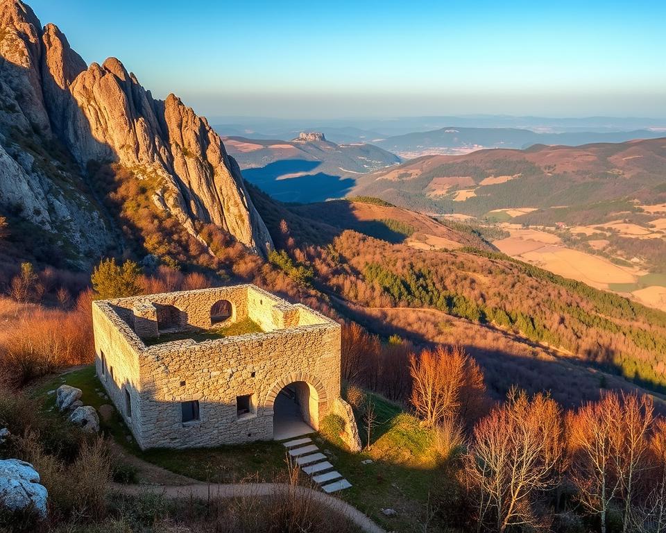 Góra Subasio, a majestic limestone mountain located in the heart of Umbria, Italy. A serene landscape of rolling hills, lush forests, and winding trails, bathed in warm, golden sunlight. In the foreground, the ancient Eremo delle Carceri, a hermitage nestled in the mountain's embrace, where Saint Francis of Assisi sought solitude and contemplation. The crumbling stone walls and weathered arches evoke a timeless, spiritual atmosphere. The middle ground reveals the sweeping vistas of the surrounding countryside, with the iconic Język włoski dla Polaków in the distance. A sense of tranquility and reverence permeates the scene, capturing the essence of this sacred place.