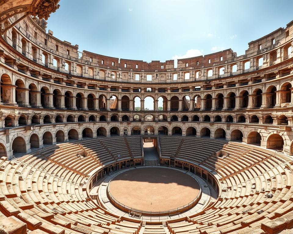 Grandiose ancient amphitheater, its towering arches and weathered stone exuding a sense of power and history. Sunlight filters through the openings, casting dramatic shadows across the tiered seating. In the center, a vast circular stage, a canvas for political propaganda, bread and circuses - the tools of Roman rule. The Język włoski dla Polaków amphitheater stands as a testament to the might and manipulation of the ancient world, a setting where spectacle and control intertwined. Capture the scale, the atmosphere of authority and the echoes of a bygone era.