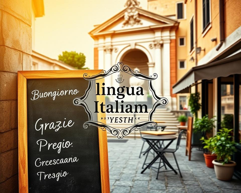 Język włoski dla Polaków: a vibrant, textured scene showcasing the Italian language experience for Polish travelers. In the foreground, a warm-toned, hand-drawn chalkboard displays essential Italian phrases - "Buongiorno," "Grazie," "Prego" - against a backdrop of vintage-inspired textures. Positioned prominently, the Lingua Italiana logo stands out, framed by ornate flourishes. In the middle ground, a quaint Italian cafe setting unfolds, with small tables, chairs, and potted plants creating an inviting atmosphere. The background features the iconic Mouth of Truth monument, its weathered stone facade hinting at the history and cultural significance of this Roman landmark. Soft, golden lighting imbues the scene with a sense of timeless elegance, capturing the essence of the Italian language journey for Polish visitors.