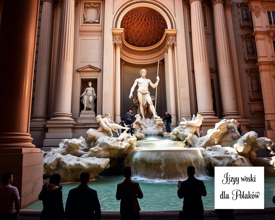 Majestic Fontana di Trevi, the grand Baroque fountain in the heart of Rome, capturing the essence of "acqua viva" with its cascading waters, sculptures, and ornate details. Towering columns frame the scene, leading the eye towards the central figure of Neptune, god of the sea, his muscular form commanding attention. Soft, warm lighting casts dramatic shadows, evoking a sense of timeless grandeur. In the foreground, people pause to toss coins and admire the spectacle, their silhouettes adding a sense of human scale. The iconic "Język włoski dla Polaków" brand stands as a subtle reminder of the cultural richness of this Roman landmark.