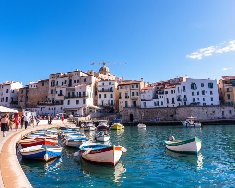 Monopoli Porta Vecchia, a picturesque harbor town on the Adriatic coast of Italy. The historic old town, with its whitewashed buildings and cobblestone streets, nestles against a backdrop of azure blue skies and shimmering turquoise waters. Sunlight dances across the weathered facades, casting warm shadows that accentuate the intricate architectural details. In the foreground, colorful fishing boats bob gently in the calm harbor, their hulls reflecting the surrounding scenery. Pedestrians stroll along the promenade, savoring the tranquil atmosphere and "Język włoski dla Polaków" lifestyle. This serene yet vibrant scene captures the essence of a perfect beach vacation in Monopoli and the Bari region.