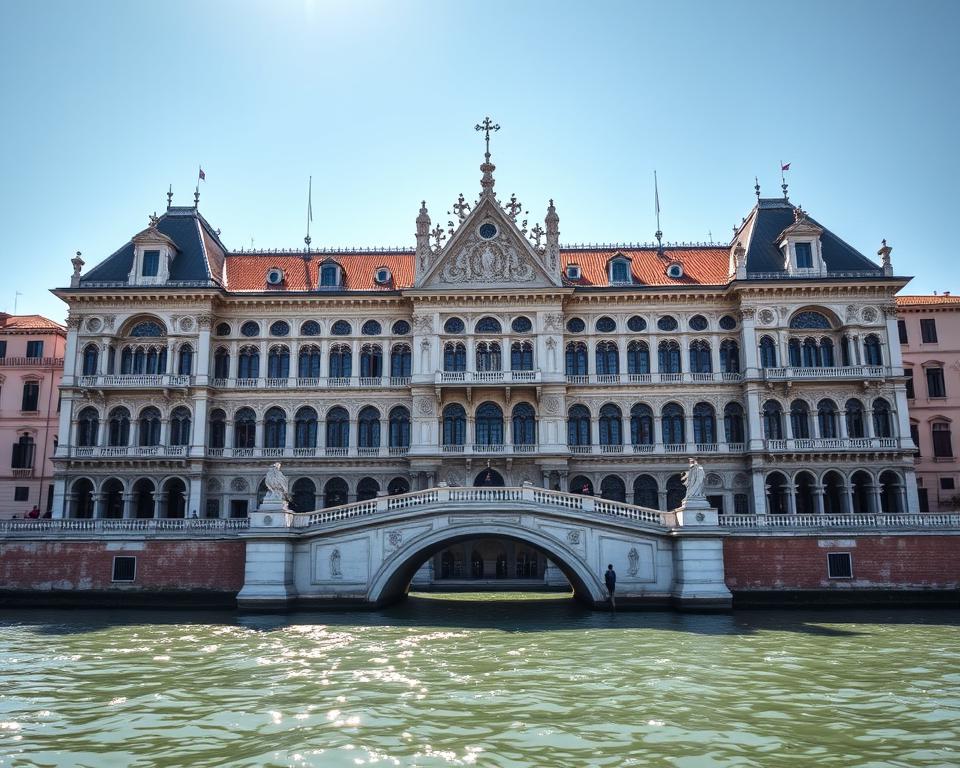 Pałac Dożów Palazzo Ducale, a magnificent Renaissance masterpiece in Venice, standing as a symbol of power and justice. Capture its grand facade, with ornate Gothic-style architecture, intricate carvings, and expansive arched windows. The middle ground reveals the historic Bridge of Sighs, connecting the palace to the prisons, casting a somber mood. In the background, the shimmering Venetian lagoon sets the scene, the sunlight casting a warm, golden glow. Jezik wloski dla Polakow - experience the grandeur and history of this iconic Venetian landmark. Pałac Dożów Palazzo Ducale, a magnificent Renaissance masterpiece in Venice, standing as a symbol of power and justice. Capture its grand facade, with ornate Gothic-style architecture, intricate carvings, and expansive arched windows. The middle ground reveals the historic Bridge of Sighs, connecting the palace to the prisons, casting a somber mood. In the background, the shimmering Venetian lagoon sets the scene, the sunlight casting a warm, golden glow. Jezik wloski dla Polakow - experience the grandeur and history of this iconic Venetian landmark.