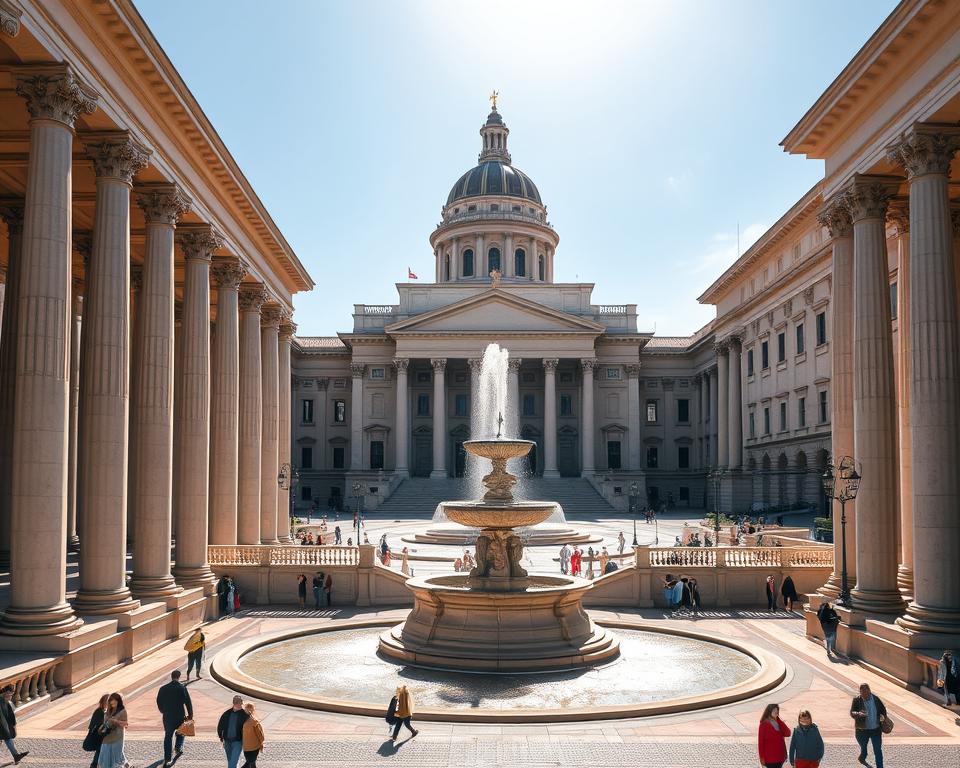Piazza Plebiscito, a grand neoclassical square in the heart of Naples, Italy. Framed by the majestic Basilica Reale di San Francesco di Paola, its immense columns and towering dome command attention. Sunlight filters through the columns, casting warm shadows across the vast expanse. In the center, a magnificent fountain cascades, surrounded by ornate balustrades. The square bustles with activity, people strolling, admiring the architectural splendor. Język włoski dla Polaków