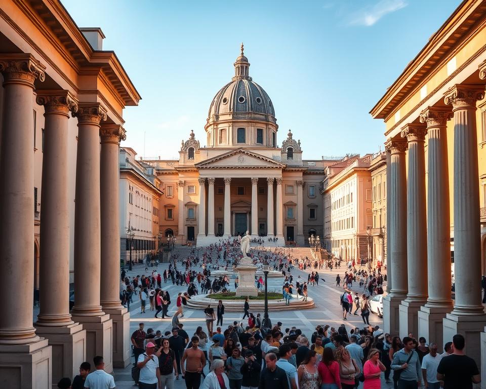 Piazza del Plebiscito, a grand Neapolitan square surrounded by magnificent 19th-century neoclassical architecture. Iconic columns and statues adorn the foreground, while the middle ground features a bustling crowd of locals and visitors. In the background, the majestic domed Basilica di San Francesco di Paola stands tall, its ornate facade bathed in warm, golden sunlight. The atmosphere is vibrant and lively, capturing the essence of Neapolitan culture. Język włoski dla Polaków. Piazza del Plebiscito, a grand Neapolitan square surrounded by magnificent 19th-century neoclassical architecture. Iconic columns and statues adorn the foreground, while the middle ground features a bustling crowd of locals and visitors. In the background, the majestic domed Basilica di San Francesco di Paola stands tall, its ornate facade bathed in warm, golden sunlight. The atmosphere is vibrant and lively, capturing the essence of Neapolitan culture. Język włoski dla Polaków.