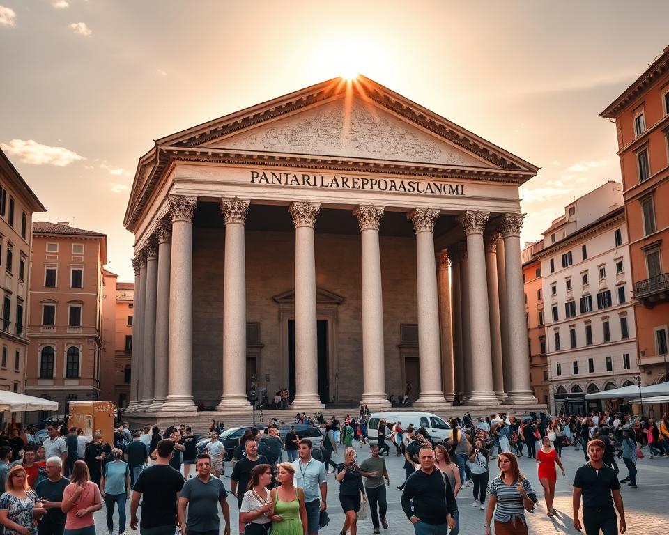 Piazza della Rotonda, a timeless Roman square, showcasing the majestic Pantheon temple against a warm, golden-hued sky. Sunlight filters through the iconic dome, casting intricate shadows across the ancient travertine columns and grandeur of the structure. In the foreground, a bustling scene of locals and visitors mingling, their vibrant movements echoing the history and culture of this iconic Roman landmark. In the background, the charming facades of historic buildings frame the breathtaking vista, creating a sense of timeless elegance. "Język włoski dla Polaków" - a perfect complement to this visual representation of Roman architecture and atmosphere.