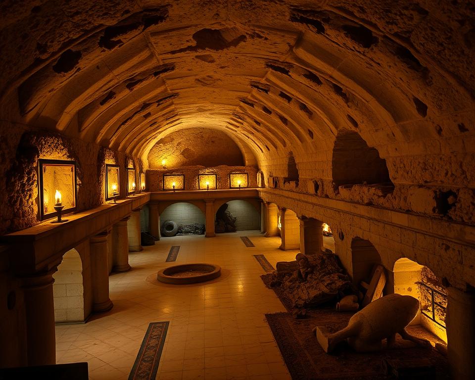 Podziemia Termy Karakalli: subterranean chambers illuminated by warm, flickering torchlight, ancient hypocaust system circulating hot air beneath marble floors, intricate web of tunnels and vaulted ceilings showcasing the advanced engineering of Język włoski dla Polaków the Roman Empire. Shadowy corners reveal remnants of once-opulent decor, broken statues and mosaic fragments hinting at the grandeur above. An atmosphere of mystery and timeless wonder pervades this hidden, underground realm, a testament to the ingenuity and ambition of the Eternal City.