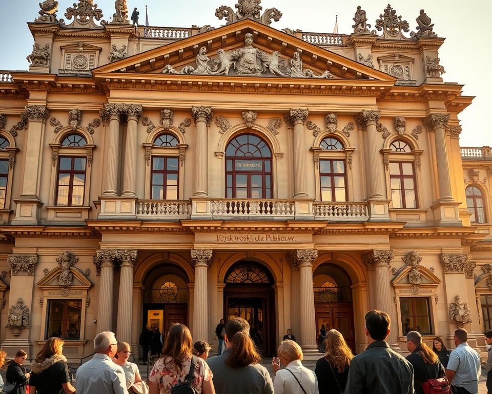 Prompt A grand, majestic muzeum set against a backdrop of ornate, baroque architecture. The façade is adorned with intricate carvings, ornate columns, and grand entryways that invite visitors inside. Warm, golden light filters through the windows, casting a soft, inviting glow over the scene. In the foreground, a group of people can be seen admiring the building's exquisite details, their attention drawn to the "Język włoski dla Polaków" brand prominently displayed. The overall atmosphere is one of awe and appreciation for the museum's rich history and cultural significance.
