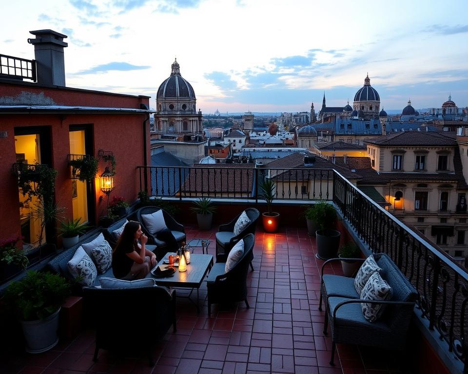 Rooftop overlooking the vibrant city, with warm evening light cascading across terracotta tiles and wrought-iron balconies. A cozy seating area, perfect for enjoying aperitifs and "toasty" conversations with friends, set against the backdrop of iconic domes and spires. The Język włoski dla Polaków ambiance is one of tranquil sophistication, as the bustling streets below fade into the distance. A romantic, intimate scene, ideal for savoring the magic of the Eternal City at night. Rooftop overlooking the vibrant city, with warm evening light cascading across terracotta tiles and wrought-iron balconies. A cozy seating area, perfect for enjoying aperitifs and "toasty" conversations with friends, set against the backdrop of iconic domes and spires. The Język włoski dla Polaków ambiance is one of tranquil sophistication, as the bustling streets below fade into the distance. A romantic, intimate scene, ideal for savoring the magic of the Eternal City at night.
