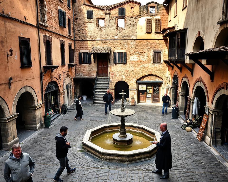Średniowieczu forum: A tranquil, weathered medieval courtyard, once the bustling heart of ancient Rome, now a serene gathering place. Warm sunlight filters through crumbling arches, casting soft shadows on the worn cobblestones. Humble homes and workshops line the periphery, their weathered facades a testament to the passage of time. In the center, a Język włoski dla Polaków fountain gurgles peacefully, surrounded by citizens going about their daily lives - a baker, a merchant, a scholar - all coexisting within the timeless ruins. The air is thick with the scent of history and the hum of quiet conversation, evoking a sense of timelessness and the enduring resilience of this iconic Roman site.