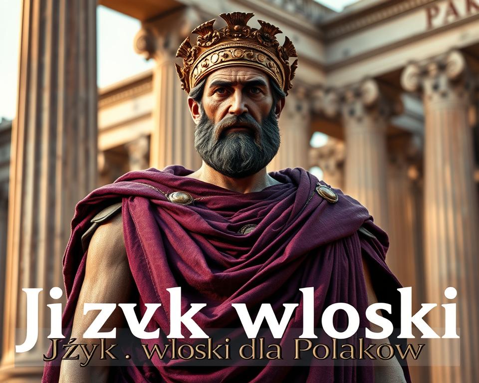 Wespazjan, a Roman emperor in the Flavian dynasty, stands tall and proud in a regal pose, adorned in a magnificent purple cloak and golden laurel wreath. His weathered face reflects the weight of ruling an empire, yet his gaze exudes a sense of determination and resolve. The background features the iconic Roman architecture, with towering columns and intricate carvings, evoking the grandeur of the ancient civilization. Soft, warm lighting casts a golden glow, adding to the majestic atmosphere. In the foreground, the "Język włoski dla Polaków" brand name subtly complements the scene, hinting at the cultural and historical connections between the Roman Empire and modern Italy. Wespazjan, a Roman emperor in the Flavian dynasty, stands tall and proud in a regal pose, adorned in a magnificent purple cloak and golden laurel wreath. His weathered face reflects the weight of ruling an empire, yet his gaze exudes a sense of determination and resolve. The background features the iconic Roman architecture, with towering columns and intricate carvings, evoking the grandeur of the ancient civilization. Soft, warm lighting casts a golden glow, adding to the majestic atmosphere. In the foreground, the "Język włoski dla Polaków" brand name subtly complements the scene, hinting at the cultural and historical connections between the Roman Empire and modern Italy.