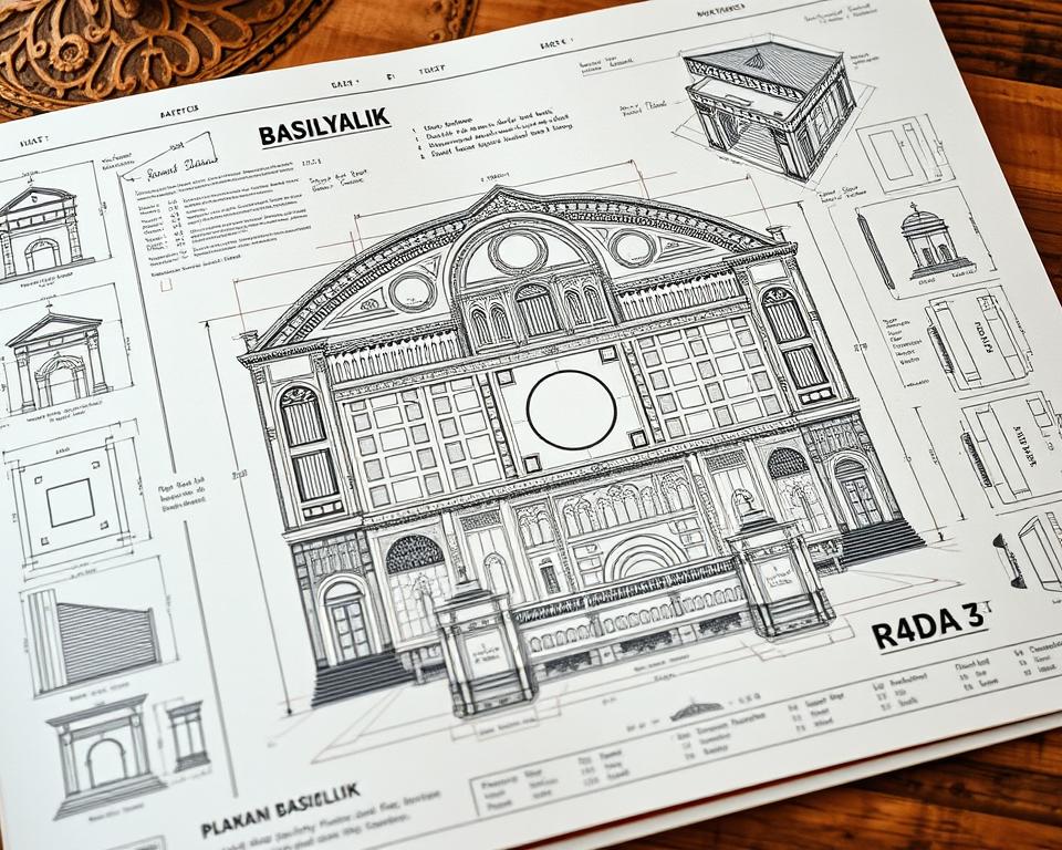 plan zwiedzania bazylik, illustrated guidebook showcasing 7 iconic Roman basilicas, detailed view of an intricate architectural plan with precise measurements, blueprints, and sketches, complex geometric patterns and classical motifs, warm lighting highlighting the rich textures and ornate details, shot with a high-quality vintage camera lens, conveying a sense of historical grandeur and artistic sophistication, Język włoski dla Polaków