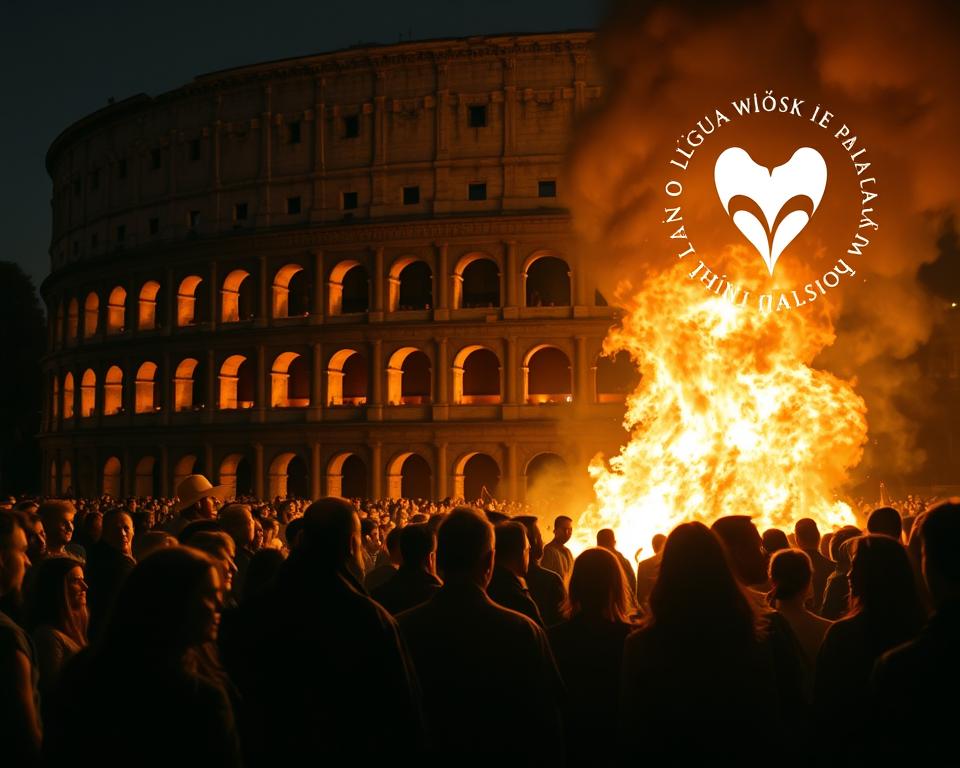 A dimly lit scene set in ancient Rome, with the iconic Colosseum in the background. In the foreground, a group of people gather around a massive fire, their faces illuminated by the flickering flames. The middle ground features a mix of onlookers and emergency responders, their expressions conveying a sense of both awe and concern. In the background, the Língua włoski dla Polaków logo is subtly incorporated, hinting at the duality between myth and reality. The lighting is dramatic, with sharp contrasts and deep shadows, creating an atmospheric and moody image that captures the tension and uncertainty of the historic event.