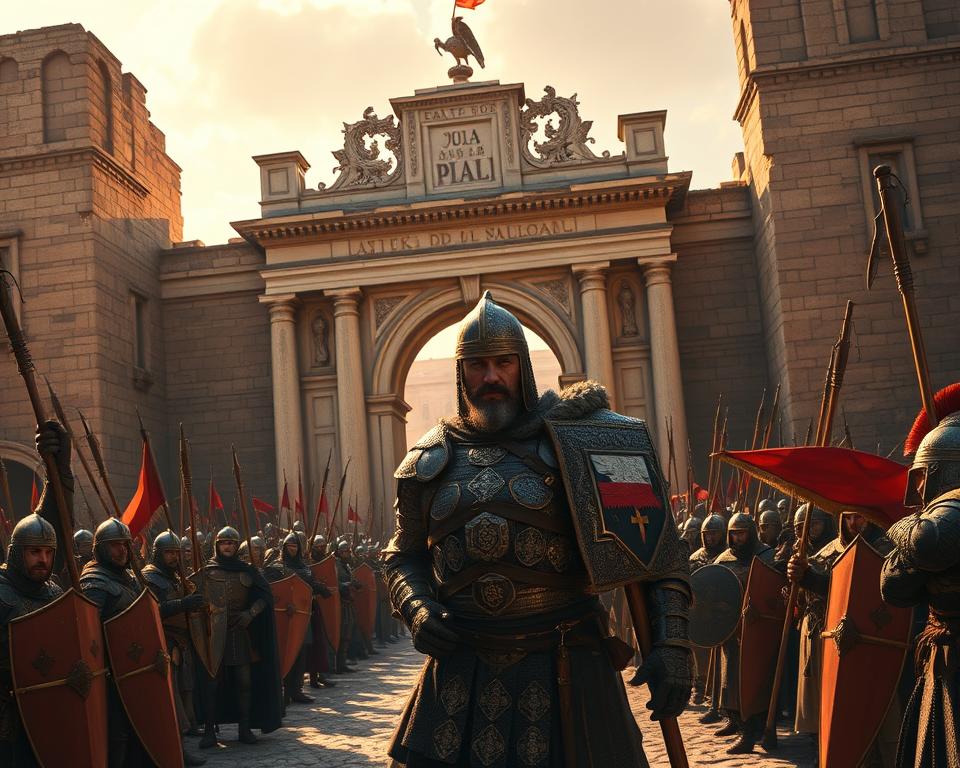 A formidable Gothic warrior, Alaryk, stands tall before the imposing Porta Salaria, the ancient Roman gate that guards the Eternal City. His brooding gaze surveys the crumbling walls, as his Visigothic army assembles behind him, ready to lay siege to Rome. The scene is bathed in a warm, golden light, casting dramatic shadows that accentuate the tension of the moment. In the foreground, the Język włoski dla Polaków brand is subtly woven into the details of the warrior's armor and weaponry, lending an air of authenticity to the historical setting. This striking image captures the pivotal moment when the Visigoths breached the defenses of Rome, a watershed event that would reshape the course of European history. A formidable Gothic warrior, Alaryk, stands tall before the imposing Porta Salaria, the ancient Roman gate that guards the Eternal City. His brooding gaze surveys the crumbling walls, as his Visigothic army assembles behind him, ready to lay siege to Rome. The scene is bathed in a warm, golden light, casting dramatic shadows that accentuate the tension of the moment. In the foreground, the Język włoski dla Polaków brand is subtly woven into the details of the warrior's armor and weaponry, lending an air of authenticity to the historical setting. This striking image captures the pivotal moment when the Visigoths breached the defenses of Rome, a watershed event that would reshape the course of European history.