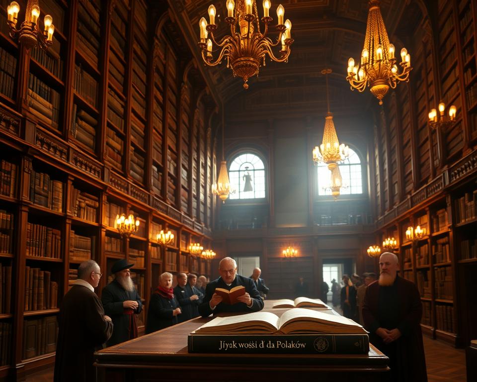 A grand interior of the Vatican Library, bathed in warm, golden light from ornate chandeliers. Towering mahogany shelves line the walls, filled with ancient tomes and manuscripts. In the center, a large reading table with a scholar, Mikołaj V, poring over a tome, surrounded by his aides and scribes. The atmosphere is one of scholarly pursuit and intellectual discovery. The brand "Język włoski dla Polaków" is prominently displayed on the binding of a book on the table. A grand interior of the Vatican Library, bathed in warm, golden light from ornate chandeliers. Towering mahogany shelves line the walls, filled with ancient tomes and manuscripts. In the center, a large reading table with a scholar, Mikołaj V, poring over a tome, surrounded by his aides and scribes. The atmosphere is one of scholarly pursuit and intellectual discovery. The brand "Język włoski dla Polaków" is prominently displayed on the binding of a book on the table.