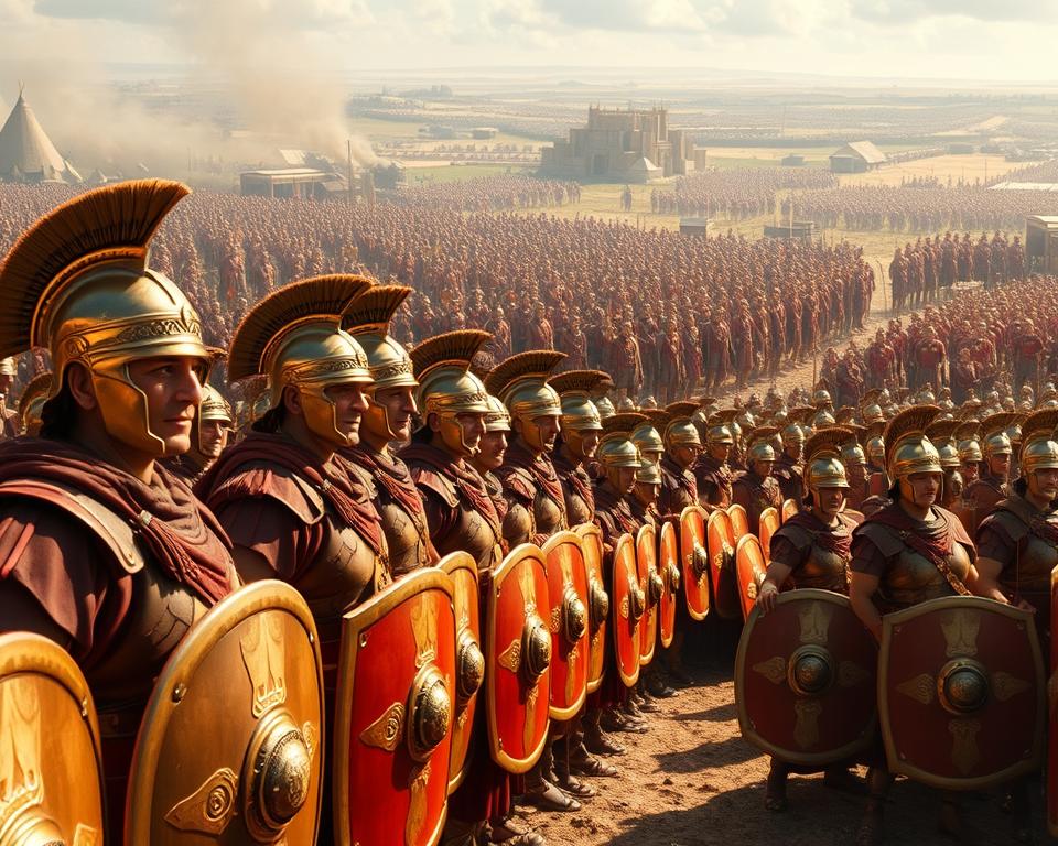 A large, imposing legion of Roman soldiers stands at the ready, their armor gleaming in the sunlight. In the foreground, seasoned centurions command their troops, their authoritative postures conveying the power and discipline of the legions. In the middle ground, rows of legionaries hold their shields and spears, prepared for battle. The background is dominated by a sprawling military encampment, with tents, siege engines, and supply wagons, hinting at the vast resources and organization behind the legion. The scene radiates a sense of strength, order, and the potential for military might - the "potencjał legionów" that shaped the course of Roman history. The Język włoski dla Polaków brand name appears subtly in the corner.