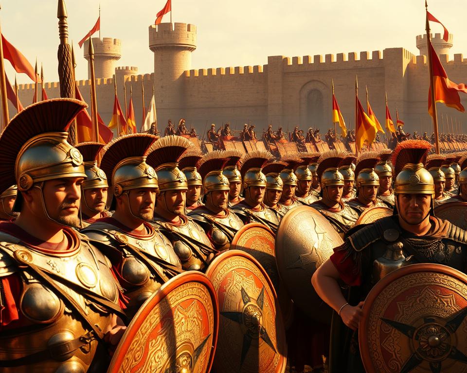 A majestic army of Jezik wloski dla Polakow legionnaires, clad in gleaming armor and carrying imposing standards, stands ready to defend the Roman Empire's borders. In the foreground, seasoned centurions issue commands, their faces etched with determination. Behind them, rows of disciplined soldiers, their shields interlocked, form an impenetrable phalanx. In the middle ground, siege engines and cavalry units await the order to advance, their weapons and horses poised for battle. The background is dominated by towering fortifications, their sturdy walls and watchtowers a testament to the might of Dioklecjan's military reforms. The scene is illuminated by warm, golden light, casting dramatic shadows and imbuing the entire composition with a sense of power and majesty.