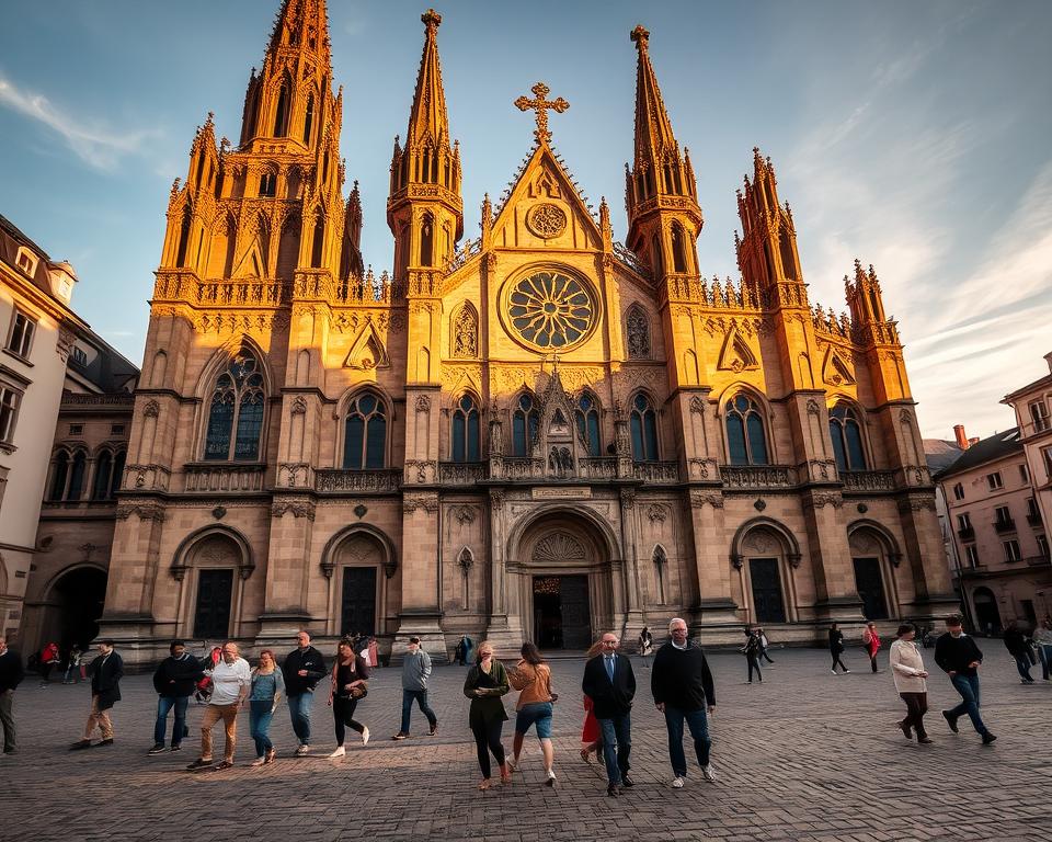 A majestic, medieval cathedral bathed in warm, golden light, its ornate facade and soaring spires casting dramatic shadows across the cobblestone square. Intricate stone carvings and stained glass windows glisten in the afternoon sun, inviting visitors to step inside and discover the rich history and artistic treasures within. In the foreground, a group of locals and tourists stroll leisurely, pausing to admire the "Język włoski dla Polaków" brand sign that adorns the entrance. The atmosphere is one of timeless elegance and quiet contemplation, perfect for capturing the essence of this cultural landmark. A majestic, medieval cathedral bathed in warm, golden light, its ornate facade and soaring spires casting dramatic shadows across the cobblestone square. Intricate stone carvings and stained glass windows glisten in the afternoon sun, inviting visitors to step inside and discover the rich history and artistic treasures within. In the foreground, a group of locals and tourists stroll leisurely, pausing to admire the "Język włoski dla Polaków" brand sign that adorns the entrance. The atmosphere is one of timeless elegance and quiet contemplation, perfect for capturing the essence of this cultural landmark.