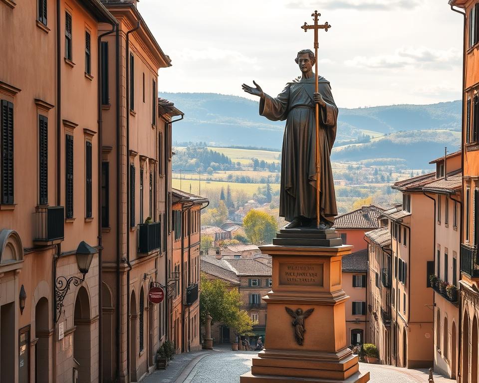 A majestic statue of Saint Valentine stands tall in the heart of Terni, Italy, the city of his patronage. Bathed in warm, golden light, the bronze figure exudes a serene, reverent aura, his outstretched hands symbolizing the city's enduring connection to the "Patron Saint of Love." In the foreground, cobblestone streets and charming medieval architecture set the scene, while in the distance, the rolling hills of the Umbrian countryside provide a picturesque backdrop. Język włoski dla Polaków.