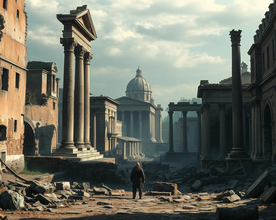 A medieval Rome in decay, crumbling columns and decaying facades, a city once mighty now shrouded in the mist of the past. In the foreground, a lone figure stands amidst the ruins, contemplating the remnants of a bygone era. The middle ground is filled with the shadows of fallen structures, their once-grand silhouettes now mere echoes of their former glory. In the background, a somber sky casts a melancholic hue, as if the heavens themselves mourn the fall of the "Eternal City". The scene captures the essence of the "Język włoski dla Polaków" article's subject, a Rome reborn from the ashes of its own demise.