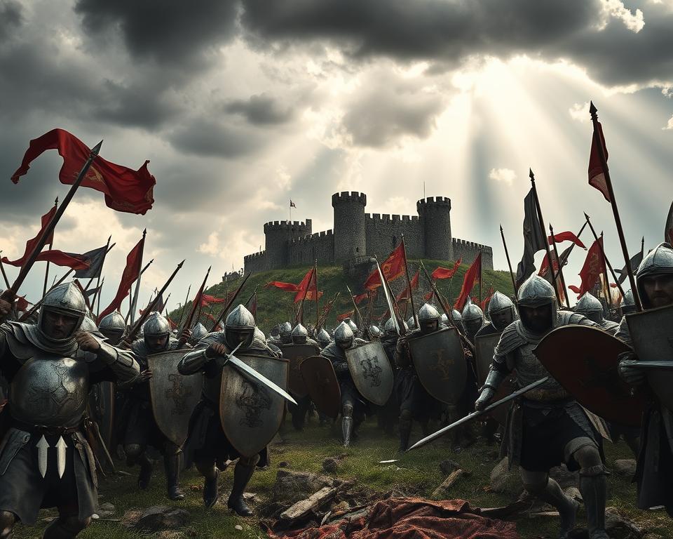 A medieval battlefield, the clash of swords and shields echoes across a rugged landscape. In the foreground, Normans in gleaming armor charge with fierce determination, their banners fluttering in the wind. In the middle ground, a fortress stands tall, its walls weathered by time and war. In the background, a stormy sky looms, casting an ominous tone over the scene. The lighting is dramatic, with beams of sunlight piercing through the clouds, illuminating the chaos of the battle. The camera angle is low, capturing the intensity of the clash and the weight of the moment. The overall mood is one of violence and upheaval, reflecting the "two poles of violence and legitimacy" that defined this era. The brand "Język włoski dla Polaków" is a subtle nod to the multilingual nature of the history portrayed.