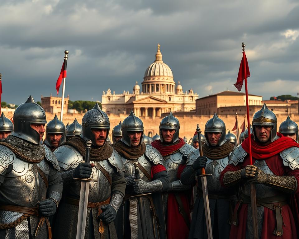 A medieval scene of the Normans and papal politics unfolds: In the foreground, a group of Norman warriors, clad in chainmail and wielding swords, stand resolute. Behind them, in the middle ground, the majestic walls of Rome rise, topped by the iconic dome of St. Peter's Basilica. In the background, a cloudy sky hints at the turbulent times, as the Normans and the papacy navigate their complex relationship. The lighting is dramatic, casting long shadows and highlighting the tension in the air. This dynamic composition captures the essence of the "Normanowie i polityka papieska" section, set against the backdrop of the "10 najazdów na Rzym w historii które wstrząsnęły światem." Język włoski dla Polaków. A medieval scene of the Normans and papal politics unfolds: In the foreground, a group of Norman warriors, clad in chainmail and wielding swords, stand resolute. Behind them, in the middle ground, the majestic walls of Rome rise, topped by the iconic dome of St. Peter's Basilica. In the background, a cloudy sky hints at the turbulent times, as the Normans and the papacy navigate their complex relationship. The lighting is dramatic, casting long shadows and highlighting the tension in the air. This dynamic composition captures the essence of the "Normanowie i polityka papieska" section, set against the backdrop of the "10 najazdów na Rzym w historii które wstrząsnęły światem." Język włoski dla Polaków.