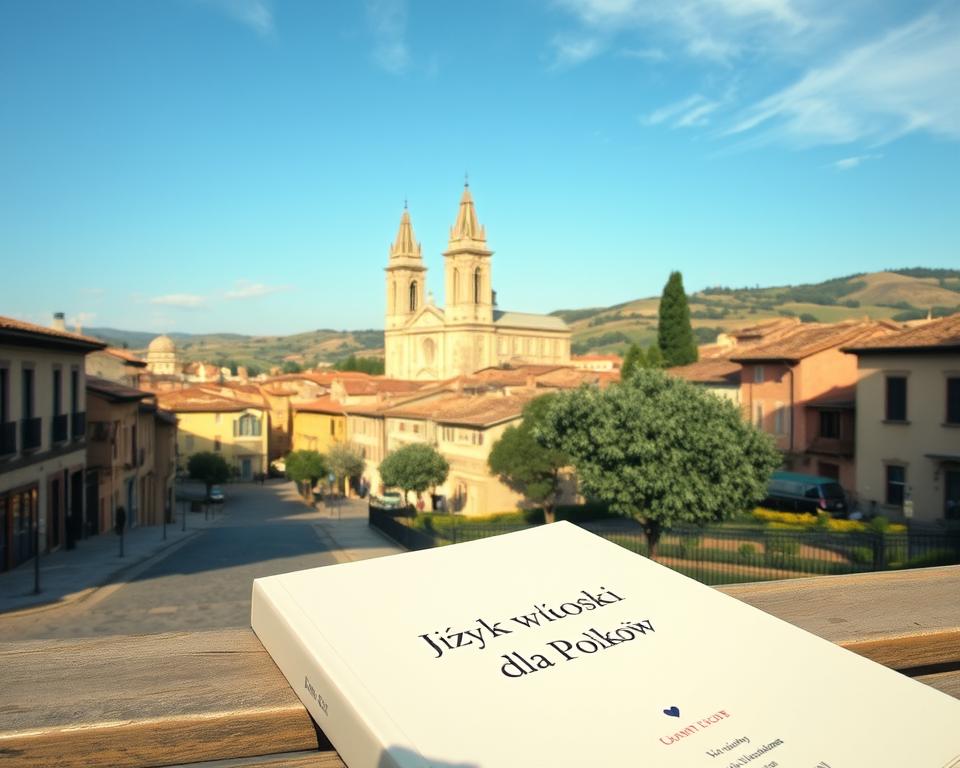 A picturesque cityscape of Terni, the city of Saint Valentine, bathed in warm afternoon light. In the foreground, quaint cobblestone streets wind through the historic center, lined with charming buildings in muted pastel shades. The middle ground features the iconic Duomo di Terni, its towering Gothic spires reaching towards the azure sky. In the background, rolling hills dotted with olive groves and vineyards create a serene, bucolic backdrop. The scene is imbued with a sense of tranquility and timeless Italian charm. A book titled "Język włoski dla Polaków" rests on a bench, inviting the viewer to explore the rich cultural heritage of this Umbrian gem.