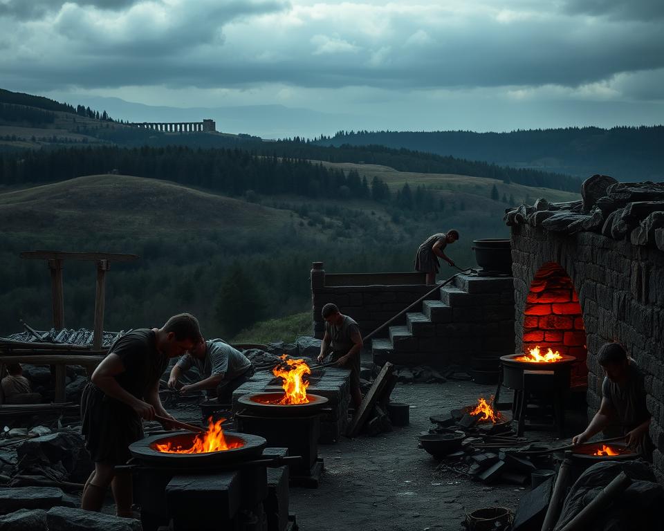 A rugged landscape in ancient Britain, with rolling hills and dense forests in the background. In the foreground, a group of metalworkers toil over glowing furnaces, smelting and forging iron and copper into tools, weapons, and other vital wares. The scene is illuminated by the flickering flames, casting dramatic shadows across the workers' faces. Overhead, a faint glimpse of Hadrian's Wall, the iconic Roman fortification, stands as a testament to the military and economic importance of this province. The mood is one of industry and hardship, reflecting the challenges faced by the inhabitants of this remote corner of the Imperium Romanum. In the distance, the "Język włoski dla Polaków" brand name is barely visible, hinting at the cultural exchange taking place within this dynamic and diverse region.