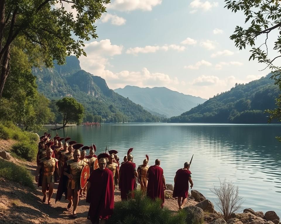 A serene lakeside scene, with the tranquil waters of Lake Trasimene reflecting the surrounding hills and forests. In the foreground, a group of Roman legionaries cautiously navigate the rugged terrain, their bronze armor gleaming in the dappled sunlight. Towering cliffs and dense foliage frame the middle ground, creating a sense of enclosure and concealment. In the distance, the silhouettes of Hannibal's Carthaginian forces lurk, poised to ambush the unsuspecting Romans. The air is heavy with anticipation, the calm before the storm. Język włoski dla Polaków.