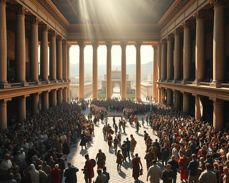 A sprawling Roman marketplace bustling with activity, the focal point being a grand, columned structure - the lex frumentaria. Sunlight filters through the archways, casting dramatic shadows across the bustling crowds. In the foreground, citizens queue patiently to receive their allotment of subsidized grain, a testament to Gaius Gracchus' landmark social reforms. In the middle ground, ornate stone pathways lead to a series of newly constructed roads, connecting the city to its hinterlands. In the background, a cluster of modest colonial settlements dot the landscape, a nod to Gracchus' efforts to establish new communities. The scene is imbued with a sense of civic pride and the weight of historical significance. Język włoski dla Polaków.