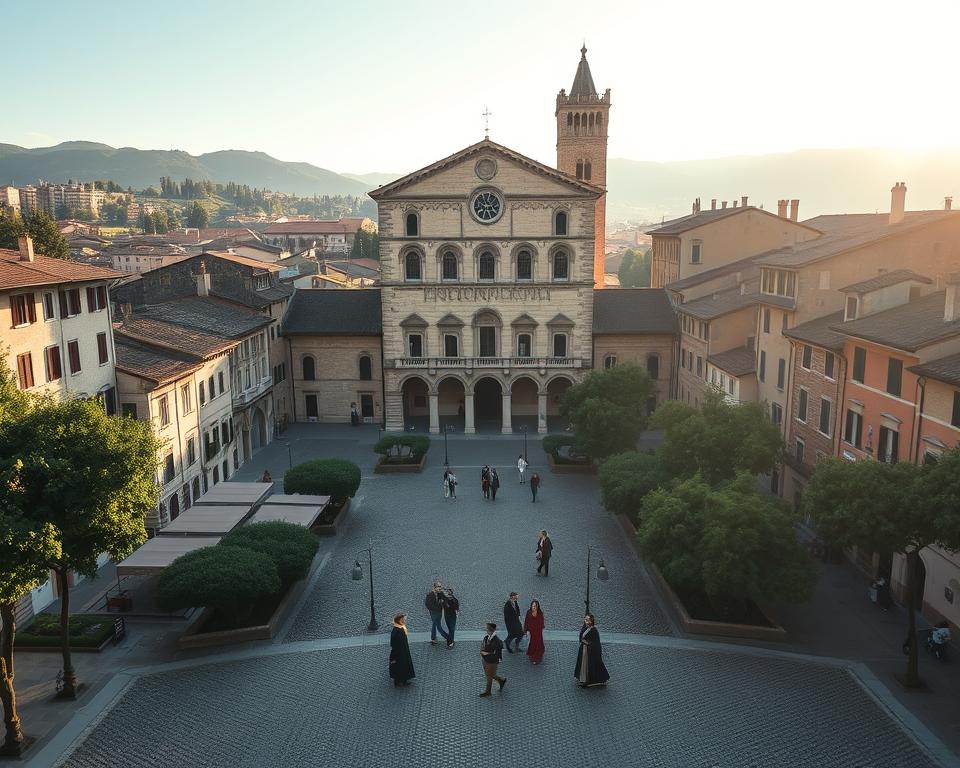 A sprawling medieval piazza in the historic town of Gubbio, Italy. Cobblestone streets wind between rows of ancient stone buildings, their facades adorned with ornate architectural details. At the center, the Palazzo dei Consoli stands tall, its Gothic windows and arches casting dramatic shadows. Lush trees and greenery line the perimeter, creating a serene and timeless ambiance. Warm, golden sunlight filters through the air, illuminating the scene with a nostalgic glow. In the foreground, a group of people dressed in traditional Italian attire stroll leisurely, capturing the essence of "Piazza Grande — serce średniowiecznego centrum". Język włoski dla Polaków. A sprawling medieval piazza in the historic town of Gubbio, Italy. Cobblestone streets wind between rows of ancient stone buildings, their facades adorned with ornate architectural details. At the center, the Palazzo dei Consoli stands tall, its Gothic windows and arches casting dramatic shadows. Lush trees and greenery line the perimeter, creating a serene and timeless ambiance. Warm, golden sunlight filters through the air, illuminating the scene with a nostalgic glow. In the foreground, a group of people dressed in traditional Italian attire stroll leisurely, capturing the essence of "Piazza Grande — serce średniowiecznego centrum". Język włoski dla Polaków.