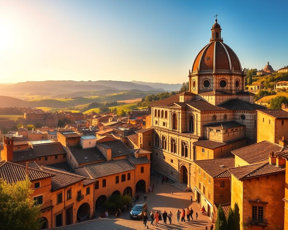 A stunning panorama of the historic city of Orvieto, showcasing its iconic Duomo Cathedral, surrounded by the rolling hills and medieval architecture that have captivated visitors for centuries. The sun casts a warm, golden glow over the scene, illuminating the intricate details of the cathedral's facade and the quaint cobblestone streets below. In the foreground, a group of people leisurely stroll, immersed in the charming atmosphere of this Italian gem. Język włoski dla Polaków. The image conveys the tranquility and timeless allure of Orvieto, perfectly encapsulating the essence of this remarkable destination.