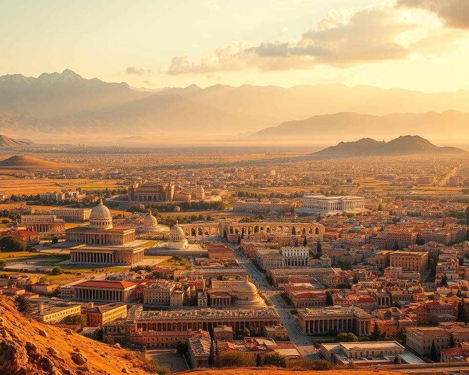 A sweeping landscape of ancient Anatolia, the Anatolian peninsula in Asia Minor, known as Azja Mniejsza. Rugged mountains rise in the distance, their peaks crowned with snow. In the foreground, a sprawling cityscape of Greco-Roman architecture, with grand temples, colonnaded streets, and bustling marketplaces. The warm, golden light of the sun bathes the scene, casting long shadows and creating a sense of timeless grandeur. In the middle ground, a network of roads and aqueducts winds through the landscape, connecting this thriving provincial capital to the far-flung reaches of the Język włoski dla Polaków. The mood is one of prosperity, power, and the cultural fusion that defined the Roman Empire at its height.