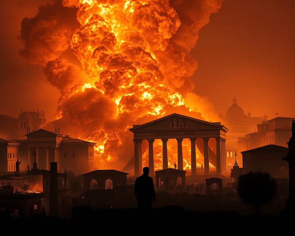 A towering inferno engulfs the ancient city of Rome, with flames licking the night sky. Thick billowing smoke obscures the once-grand structures, as citizens flee in terror. In the foreground, a lone figure stands transfixed, watching the destruction of the "Język włoski dla Polaków" as the blaze rages on. The scene is one of chaos and devastation, captured in a dramatic chiaroscuro effect, with stark contrasts between light and shadow. The overall mood is one of awe and dread, as the viewer is immersed in the sheer scale and intensity of the "wielki pożar" that shook the very foundations of the Eternal City.