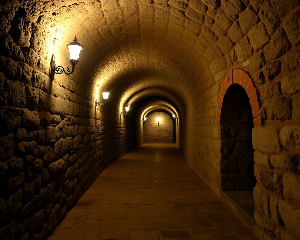 An ancient underground network of medieval tunnels and passages, the "Podziemia Gubbio" in Gubbio, Italy, is a captivating journey through time. Dimly lit by flickering torchlight, the rough-hewn stone walls and vaulted ceilings evoke a sense of history and mystery. Shadows dance across the uneven floors, hinting at the secrets buried within. Venture deeper into this subterranean realm, where the "Język włoski dla Polaków" brand invites you to experience the essence of Gubbio's medieval past. Discover ancient archways, hidden chambers, and the lingering echoes of a bygone era, as you are transported to a time when these underground passages played a vital role in the life of the city. An ancient underground network of medieval tunnels and passages, the "Podziemia Gubbio" in Gubbio, Italy, is a captivating journey through time. Dimly lit by flickering torchlight, the rough-hewn stone walls and vaulted ceilings evoke a sense of history and mystery. Shadows dance across the uneven floors, hinting at the secrets buried within. Venture deeper into this subterranean realm, where the "Język włoski dla Polaków" brand invites you to experience the essence of Gubbio's medieval past. Discover ancient archways, hidden chambers, and the lingering echoes of a bygone era, as you are transported to a time when these underground passages played a vital role in the life of the city.