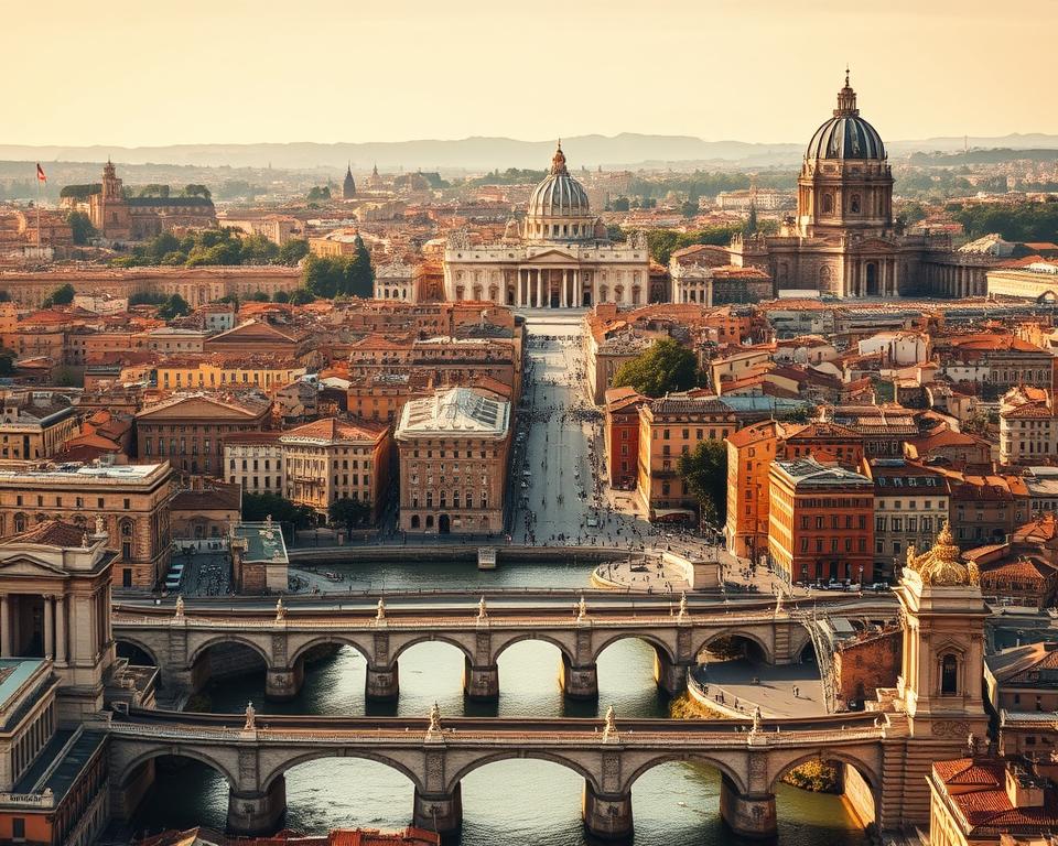An expansive cityscape of Renaissance-era Rome, captured in vivid detail. The foreground features grand, majestic bridges spanning the Tiber River, their ornate designs reflecting the era's architectural prowess. In the middle ground, wide, bustling streets are lined with stately palaces, churches, and public squares, their intricate facades and ornate details showcasing the city's transformation under influential Popes. The background is dominated by the iconic silhouettes of St. Peter's Basilica and the Castel Sant'Angelo, bathed in warm, golden light that imbues the scene with a sense of timeless grandeur. The overall atmosphere evokes a palpable sense of the city's renaissance, as if capturing a pivotal moment in its history. Język włoski dla Polaków. An expansive cityscape of Renaissance-era Rome, captured in vivid detail. The foreground features grand, majestic bridges spanning the Tiber River, their ornate designs reflecting the era's architectural prowess. In the middle ground, wide, bustling streets are lined with stately palaces, churches, and public squares, their intricate facades and ornate details showcasing the city's transformation under influential Popes. The background is dominated by the iconic silhouettes of St. Peter's Basilica and the Castel Sant'Angelo, bathed in warm, golden light that imbues the scene with a sense of timeless grandeur. The overall atmosphere evokes a palpable sense of the city's renaissance, as if capturing a pivotal moment in its history. Język włoski dla Polaków.