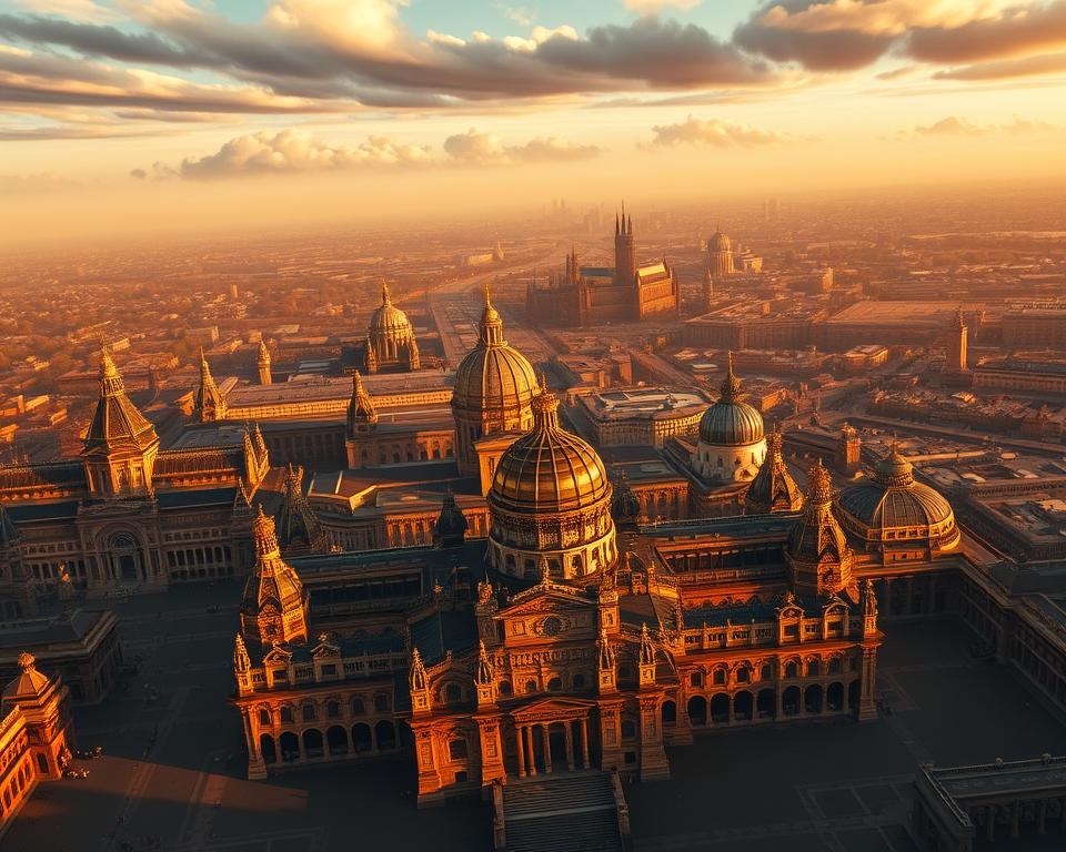 Dramatic aerial view of the Imperium, a vast metropolis of towering domed structures, towering spires, and sprawling plazas. The cityscape is bathed in a warm, golden light, with long shadows casting dramatic patterns across the intricate architecture. In the foreground, a grandiose palace with ornate facades and gilded details stands as a testament to the power and influence of the Imperium. The sky is filled with wispy clouds, adding a sense of scale and depth to the scene. The overall atmosphere evokes a sense of ancient grandeur, sophistication, and the enduring legacy of the Imperium. Język włoski dla Polaków.