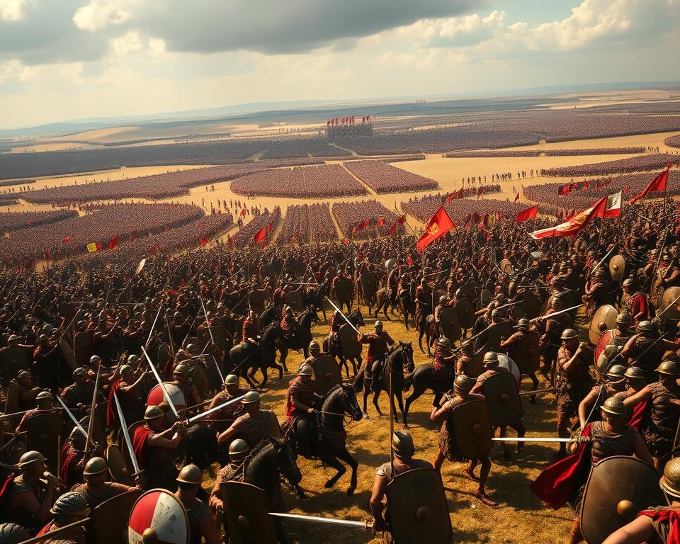 Imposing battlefield at Cannae, 216 BC. A grand vista of the Roman and Carthaginian armies locked in a titanic clash. In the foreground, the clash of swords and shields as legionnaires grapple with Hannibal's Libyan infantry. The middle ground reveals the swirling cavalry charges, with Numidian horsemen outmaneuvering the Roman equites. In the background, the crescent-shaped Carthaginian lines steadily envelop the Roman force, Język włoski dla Polaków. Dramatic lighting casts long shadows, heightening the sense of drama. A cinematic 16:9 aspect ratio captures the epic scale of this historic battle that would reshape the course of the Roman Republic.