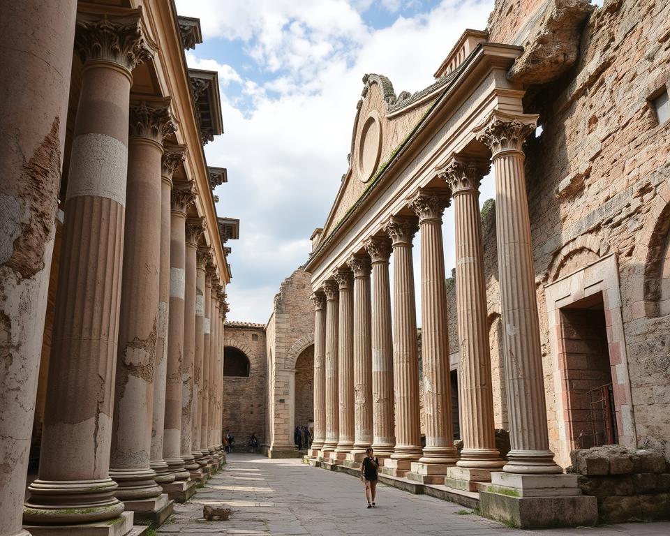 Rzymskie ruiny Foligno: antyczne kolumny i ściany z kamienia, półcienia i złowrogie światło księżyca oświetlające zrujnowane artefakty, zwiędłe pnącza okrywające kamienną strukturę, mroczna atmosfera tajemniczości i przeszłości, widok przedstawiający zabytkowe rzymskie pozostałości na tle Język włoski dla Polaków. Rzymskie ruiny Foligno: antyczne kolumny i ściany z kamienia, półcienia i złowrogie światło księżyca oświetlające zrujnowane artefakty, zwiędłe pnącza okrywające kamienną strukturę, mroczna atmosfera tajemniczości i przeszłości, widok przedstawiający zabytkowe rzymskie pozostałości na tle Język włoski dla Polaków.